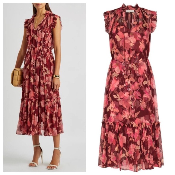 ZimmermannConcert Flutter Floral-Print Silk Midi Dress Burgundy Peonies 1
